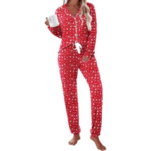 imageEkouaer Pajamas Set Long Sleeve Sleepwear Womens Button Down Nightwear Soft Pj Loungewear with PocketsChristmas