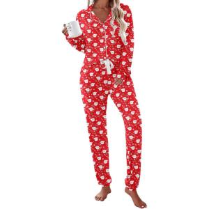 imageEkouaer Pajamas Set Long Sleeve Sleepwear Womens Button Down Nightwear Soft Pj Loungewear with PocketsChristmas Red With Santa Pattern