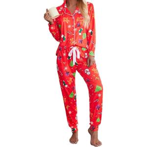 imageEkouaer Pajamas Set Long Sleeve Sleepwear Womens Button Down Nightwear Soft Pj Loungewear with PocketsChristmas Snowman