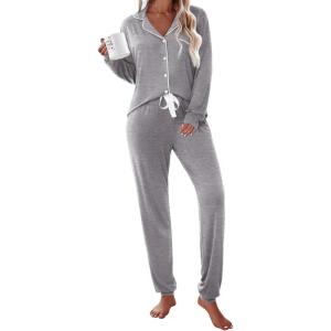 imageEkouaer Pajamas Set Long Sleeve Sleepwear Womens Button Down Nightwear Soft Pj Loungewear with PocketsLight Grey