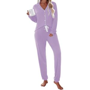 imageEkouaer Pajamas Set Long Sleeve Sleepwear Womens Button Down Nightwear Soft Pj Loungewear with PocketsLilac