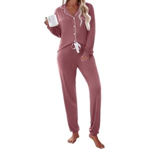 imageEkouaer Pajamas Set Long Sleeve Sleepwear Womens Button Down Nightwear Soft Pj Loungewear with PocketsOld Rose