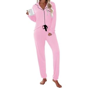 imageEkouaer Pajamas Set Long Sleeve Sleepwear Womens Button Down Nightwear Soft Pj Loungewear with PocketsPink