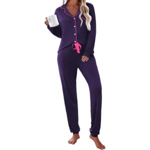 imageEkouaer Pajamas Set Long Sleeve Sleepwear Womens Button Down Nightwear Soft Pj Loungewear with PocketsPurple