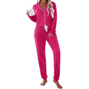 imageEkouaer Pajamas Set Long Sleeve Sleepwear Womens Button Down Nightwear Soft Pj Loungewear with PocketsRose