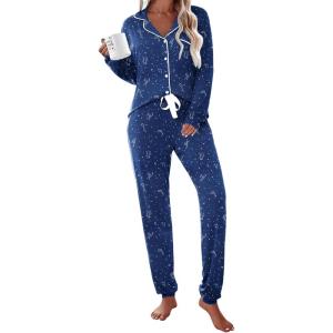 imageEkouaer Pajamas Set Long Sleeve Sleepwear Womens Button Down Nightwear Soft Pj Loungewear with PocketsStar