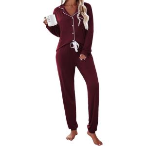 imageEkouaer Pajamas Set Long Sleeve Sleepwear Womens Button Down Nightwear Soft Pj Loungewear with PocketsWine Red