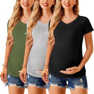imageEkouaer Womens Maternity Shirts 3 Packs V Neck Tops Tunic Pregnancy Clothes Side Ruched Short Sleeve Casual T Shirt SXXLBlackArmy GreenLight Grey