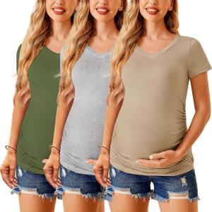 imageEkouaer Womens Maternity Shirts 3 Packs V Neck Tops Tunic Pregnancy Clothes Side Ruched Short Sleeve Casual T Shirt SXXLBlackBeigeLight Grey