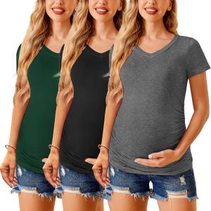 imageEkouaer Womens Maternity Shirts 3 Packs V Neck Tops Tunic Pregnancy Clothes Side Ruched Short Sleeve Casual T Shirt SXXLBlackDark GreenDark Grey