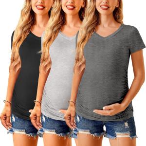 imageEkouaer Womens Maternity Shirts 3 Packs V Neck Tops Tunic Pregnancy Clothes Side Ruched Short Sleeve Casual T Shirt SXXLBlackDark GreyLight Grey