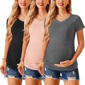 imageEkouaer Womens Maternity Shirts 3 Packs V Neck Tops Tunic Pregnancy Clothes Side Ruched Short Sleeve Casual T Shirt SXXLBlackDirty PinkDark Grey