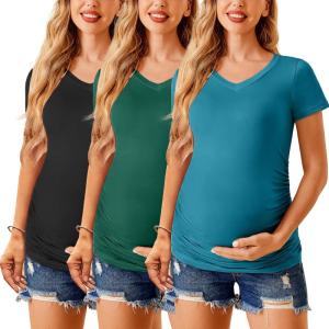 imageEkouaer Womens Maternity Shirts 3 Packs V Neck Tops Tunic Pregnancy Clothes Side Ruched Short Sleeve Casual T Shirt SXXLBlackGreenTeal