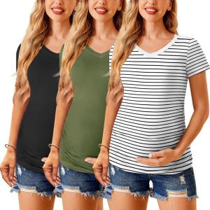 imageEkouaer Womens Maternity Shirts 3 Packs V Neck Tops Tunic Pregnancy Clothes Side Ruched Short Sleeve Casual T Shirt SXXLBlackWhiteArmy Green