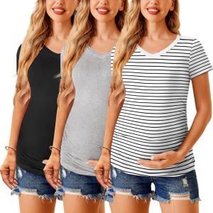 imageEkouaer Womens Maternity Shirts 3 Packs V Neck Tops Tunic Pregnancy Clothes Side Ruched Short Sleeve Casual T Shirt SXXLBlackWhiteLight Grey
