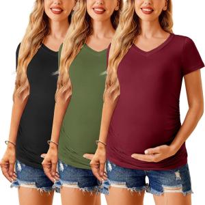 imageEkouaer Womens Maternity Shirts 3 Packs V Neck Tops Tunic Pregnancy Clothes Side Ruched Short Sleeve Casual T Shirt SXXLMaroonBlackArmy Green