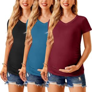imageEkouaer Womens Maternity Shirts 3 Packs V Neck Tops Tunic Pregnancy Clothes Side Ruched Short Sleeve Casual T Shirt SXXLMaroonBlackTeal