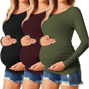 imageEkouaer Womens Maternity Shirts Long Sleeve 3 Packs Pregnancy Tee Top Tunic Blouse Casual Mama Clothes SXXL3pcs Black  Burgundy Red  Army Green