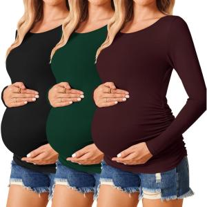 imageEkouaer Womens Maternity Shirts Long Sleeve 3 Packs Pregnancy Tee Top Tunic Blouse Casual Mama Clothes SXXL3pcs Black  Burgundy Red  Green