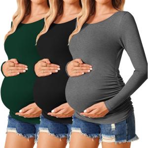 imageEkouaer Womens Maternity Shirts Long Sleeve 3 Packs Pregnancy Tee Top Tunic Blouse Casual Mama Clothes SXXL3pcs Black  Green  Dark Grey