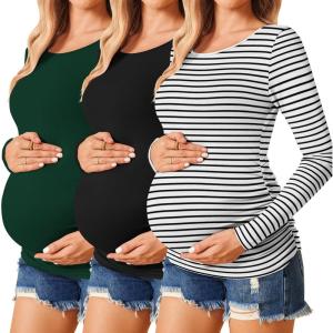 imageEkouaer Womens Maternity Shirts Long Sleeve 3 Packs Pregnancy Tee Top Tunic Blouse Casual Mama Clothes SXXL3pcs Black  Green  White Stripe