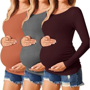 imageEkouaer Womens Maternity Shirts Long Sleeve 3 Packs Pregnancy Tee Top Tunic Blouse Casual Mama Clothes SXXL3pcs Burgundy Red  Caramel  Dark Grey