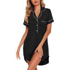 imageEkouaer Womens Nightgown Button Down Nightshirt V Neck Sleepshirt Short Sleeve Sleepwear Soft Pajama DressBlack