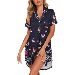 imageEkouaer Womens Nightgown Button Down Nightshirt V Neck Sleepshirt Short Sleeve Sleepwear Soft Pajama DressBlack Butterfly