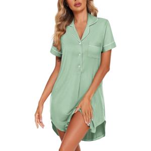 imageEkouaer Womens Nightgown Button Down Nightshirt V Neck Sleepshirt Short Sleeve Sleepwear Soft Pajama DressLight Green