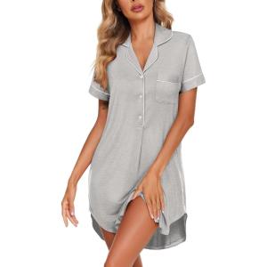 imageEkouaer Womens Nightgown Button Down Nightshirt V Neck Sleepshirt Short Sleeve Sleepwear Soft Pajama DressLight Grey