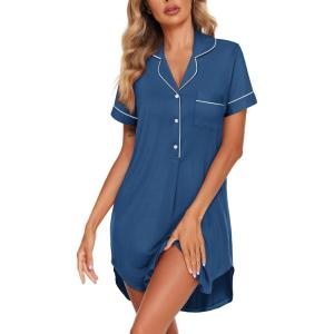 imageEkouaer Womens Nightgown Button Down Nightshirt V Neck Sleepshirt Short Sleeve Sleepwear Soft Pajama DressNavy