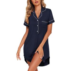 imageEkouaer Womens Nightgown Button Down Nightshirt V Neck Sleepshirt Short Sleeve Sleepwear Soft Pajama DressNavy Blue