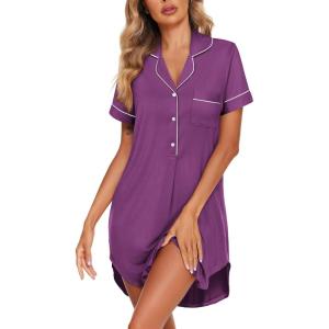 imageEkouaer Womens Nightgown Button Down Nightshirt V Neck Sleepshirt Short Sleeve Sleepwear Soft Pajama DressPurple