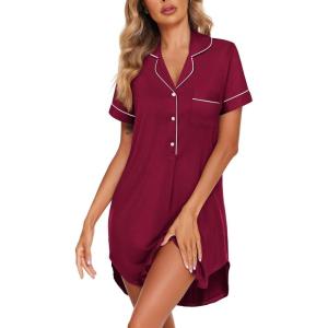imageEkouaer Womens Nightgown Button Down Nightshirt V Neck Sleepshirt Short Sleeve Sleepwear Soft Pajama DressWine Red