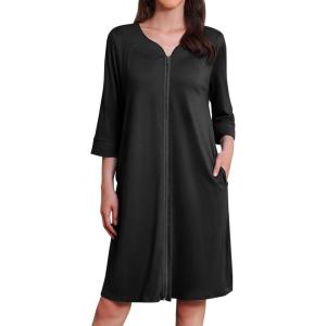 imageEkouaer Zipper Robes for Women 34 Sleeves Housecoat Soft Nightgowns Sleepwear Mumu House Dresses with Pockets S3XLBlack