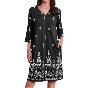 imageEkouaer Zipper Robes for Women 34 Sleeves Housecoat Soft Nightgowns Sleepwear Mumu House Dresses with Pockets S3XLBlack Ethnic Print