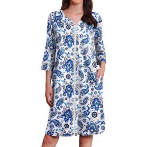 imageEkouaer Zipper Robes for Women 34 Sleeves Housecoat Soft Nightgowns Sleepwear Mumu House Dresses with Pockets S3XLEthnic Cashew Flower