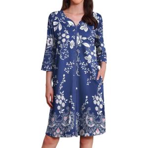 imageEkouaer Zipper Robes for Women 34 Sleeves Housecoat Soft Nightgowns Sleepwear Mumu House Dresses with Pockets S3XLEvening Blue Vines