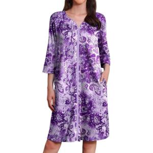 imageEkouaer Zipper Robes for Women 34 Sleeves Housecoat Soft Nightgowns Sleepwear Mumu House Dresses with Pockets S3XLFloral Purple