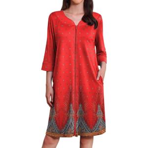 imageEkouaer Zipper Robes for Women 34 Sleeves Housecoat Soft Nightgowns Sleepwear Mumu House Dresses with Pockets S3XLFloral Red