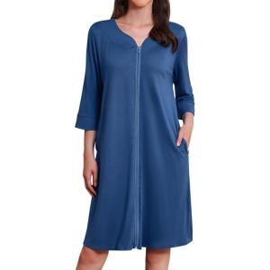 imageEkouaer Zipper Robes for Women 34 Sleeves Housecoat Soft Nightgowns Sleepwear Mumu House Dresses with Pockets S3XLSteel Blue