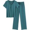 imageEkouaer Womens Pajamas Set Soft 2 Piece Lounge Sets Vneck Sleepwear Short Sleeve Top Pants with PocketsBlue Green