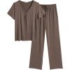 imageEkouaer Womens Pajamas Set Soft 2 Piece Lounge Sets Vneck Sleepwear Short Sleeve Top Pants with PocketsBrown