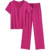 imageEkouaer Womens Pajamas Set Soft 2 Piece Lounge Sets Vneck Sleepwear Short Sleeve Top Pants with PocketsRose Red