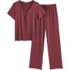 imageEkouaer Womens Pajamas Set Soft 2 Piece Lounge Sets Vneck Sleepwear Short Sleeve Top Pants with PocketsWine Red