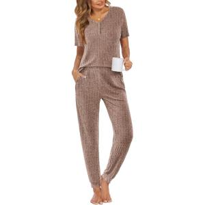 imageEkouaer Pajama Sets for Womens Rib Knit Lounge Set Jogger Pants Short Sleeve Sleepwear 2 Piece Outfits Set with PocketsBrown