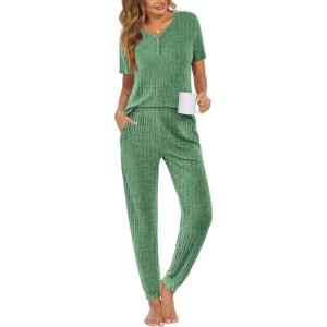 imageEkouaer Pajama Sets for Womens Rib Knit Lounge Set Jogger Pants Short Sleeve Sleepwear 2 Piece Outfits Set with PocketsGreen