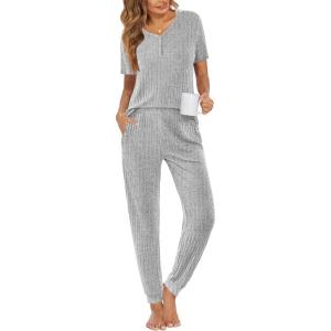 imageEkouaer Pajama Sets for Womens Rib Knit Lounge Set Jogger Pants Short Sleeve Sleepwear 2 Piece Outfits Set with PocketsLight Gray