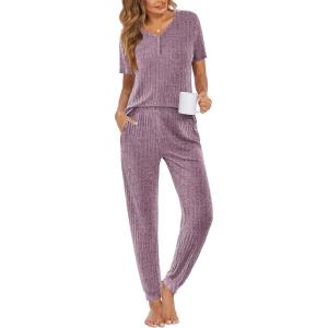 imageEkouaer Pajama Sets for Womens Rib Knit Lounge Set Jogger Pants Short Sleeve Sleepwear 2 Piece Outfits Set with PocketsPurple