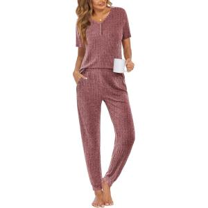 imageEkouaer Pajama Sets for Womens Rib Knit Lounge Set Jogger Pants Short Sleeve Sleepwear 2 Piece Outfits Set with PocketsWine Red